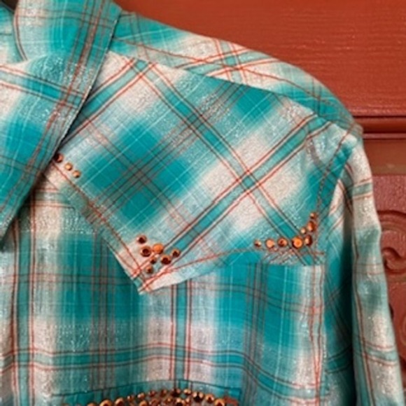 Ariat Fitted Western Shirt Womens Plaid Turquoise Copper Studded Blouse Sz XXL - Picture 5 of 10